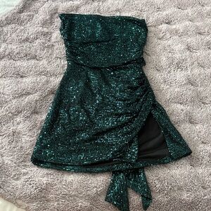 Lucy in the Sky Strapless Sequin Dress in dark green
